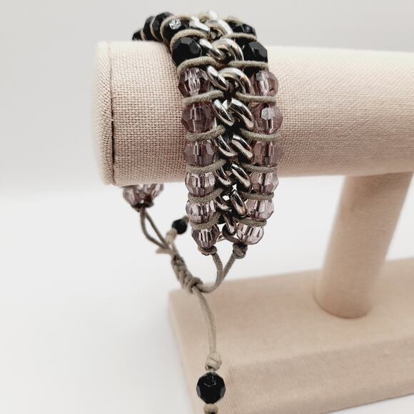 Artisan Black & Lilac Glass Beaded Macrame Bracelet - 6 1/2 Inch to 8 1/2 Inch - Picture 12 of 12